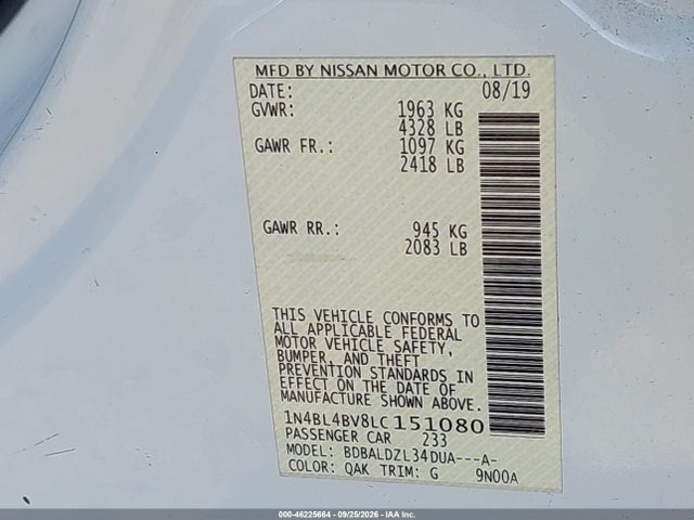 Продаж на аукціоні авто 2020 Nissan Altima S Fwd, vin: 1N4BL4BV8LC151080, номер лоту: 46225664