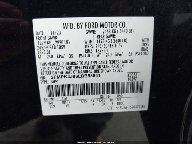 46225670 :رقم المزاد ، 2FMPK4J96LBB58841 vin ، 2020 Ford Edge Sel مزاد بيع