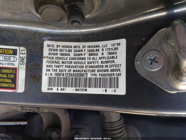 2010 Honda Civic Vp მანქანა იყიდება აუქციონზე, vin: 19XFA1E3XAE028672, აუქციონის ნომერი: 46225679