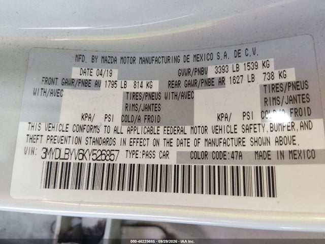 3MYDLBYV6KY526857 Toyota YARIS L