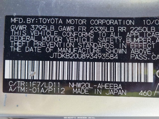 2009 Toyota Prius მანქანა იყიდება აუქციონზე, vin: JTDKB20U893493584, აუქციონის ნომერი: 46225713