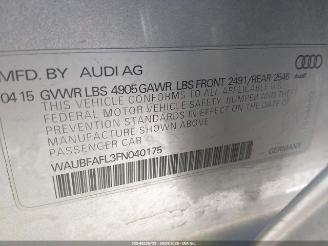 Aukcja sprzedaży 2015 Audi A4 2.0t Premium, vin: WAUBFAFL3FN040175, numer aukcji: 46225733