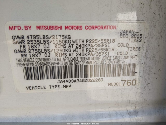 46225745 :رقم المزاد ، JA4AD3A34GZ022280 vin ، 2016 Mitsubishi Outlander Sel مزاد بيع