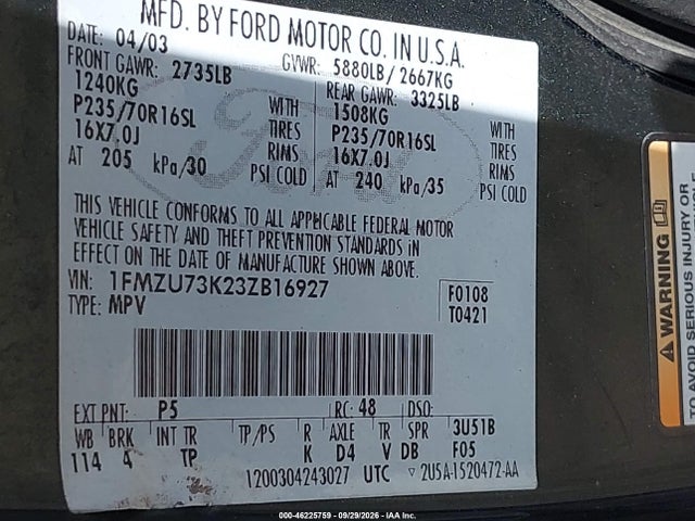 Продажа на аукционе авто 2003 Ford Explorer Nbx/xlt, vin: 1FMZU73K23ZB16927, номер лота: 46225759