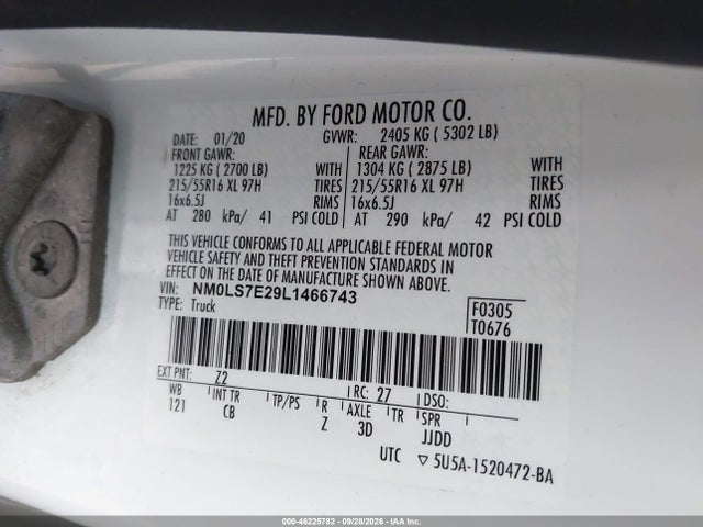 Продажа на аукционе авто 2020 Ford Transit Connect Xl, vin: NM0LS7E29L1466743, номер лота: 46225782