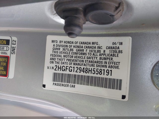 2008 Honda Civic Ex-l მანქანა იყიდება აუქციონზე, vin: 2HGFG12948H558191, აუქციონის ნომერი: 46225793
