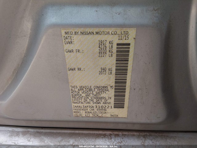 46225794 :رقم المزاد ، 1N4AL3AP3GN310221 vin ، 2016 Nissan Altima 2.5 S مزاد بيع