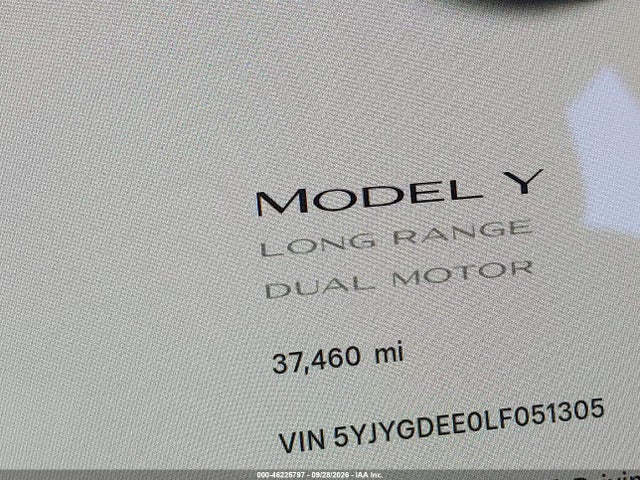 Aukcja sprzedaży 2020 Tesla Model Y Long Range Dual Motor All-wheel Drive, vin: 5YJYGDEE0LF051305, numer aukcji: 46225797