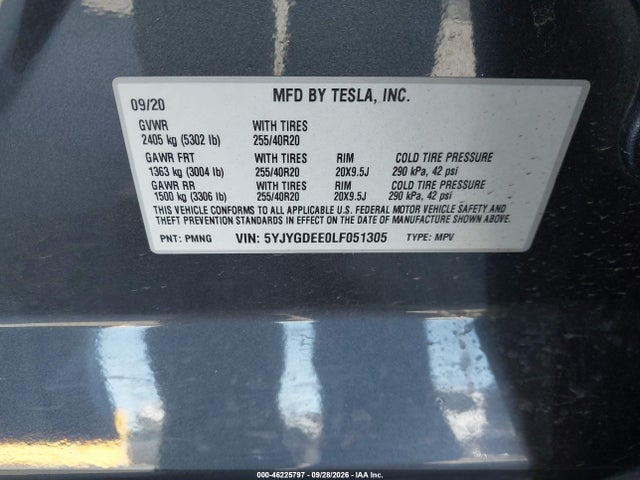 Aukcja sprzedaży 2020 Tesla Model Y Long Range Dual Motor All-wheel Drive, vin: 5YJYGDEE0LF051305, numer aukcji: 46225797