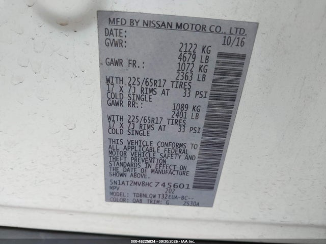46225824 :رقم المزاد ، 5N1AT2MV8HC745601 vin ، 2017 Nissan Rogue Sv مزاد بيع