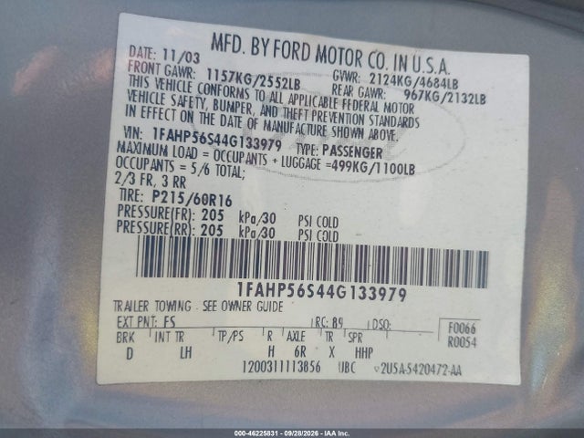 46225831 :رقم المزاد ، 1FAHP56S44G133979 vin ، 2004 Ford Taurus Sel مزاد بيع