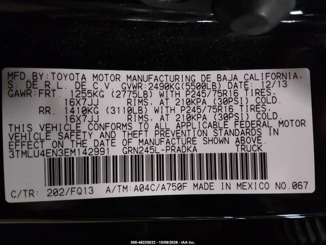 46225832 :رقم المزاد ، 3TMLU4EN3EM142991 vin ، 2014 Toyota Tacoma Base V6 مزاد بيع