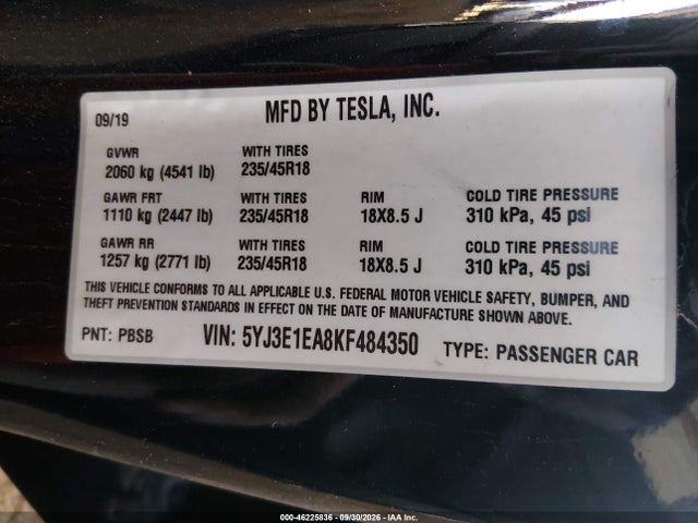 5YJ3E1EA8KF484350 Tesla Model 3 Long Range/mid Range/standard Range/standard Range Plus