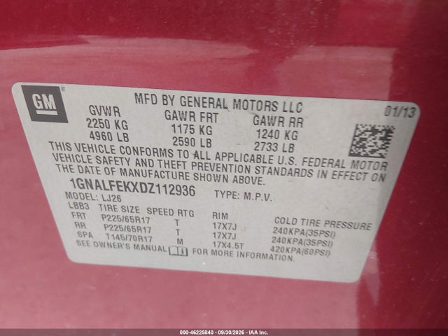 46225840 :رقم المزاد ، 1GNALFEKXDZ112936 vin ، 2013 Chevrolet Equinox Ltz مزاد بيع