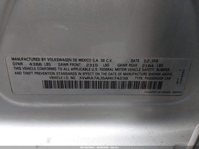 2010 Volkswagen Jetta Wolfsburg Edition მანქანა იყიდება აუქციონზე, vin: 3VWRA7AJ5AM074238, აუქციონის ნომერი: 46225841