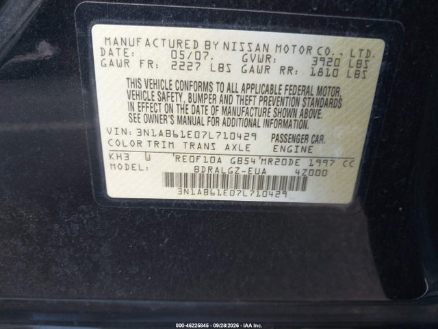 Aukcja sprzedaży 2007 Nissan Sentra 2.0sl, vin: 3N1AB61E07L710429, numer aukcji: 46225845