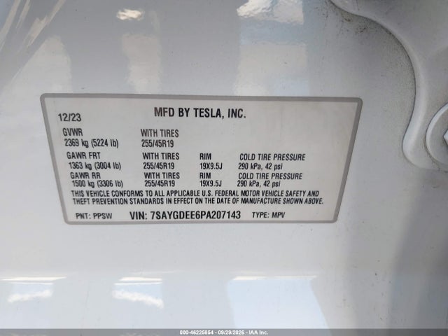 46225854 :رقم المزاد ، 7SAYGDEE6PA207143 vin ، 2023 Tesla Model Y مزاد بيع