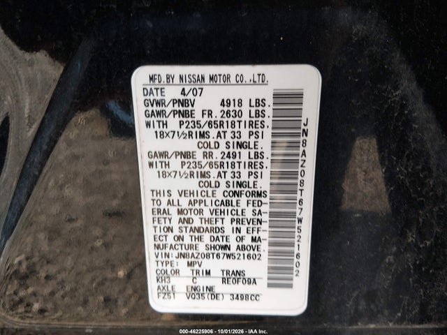 2007 Nissan Murano S მანქანა იყიდება აუქციონზე, vin: JN8AZ08T67W521602, აუქციონის ნომერი: 46225906