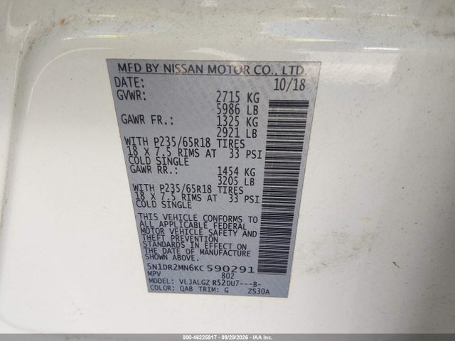 Aukcja sprzedaży 2019 Nissan Pathfinder Sl, vin: 5N1DR2MN6KC590291, numer aukcji: 46225917