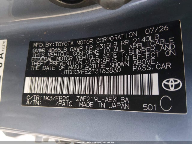 Продаж на аукціоні авто 2026 Toyota Corolla Hybrid Hybrid Le, vin: JTDBCMFE2T3163830, номер лоту: 46225924