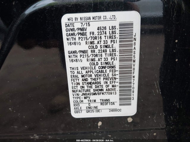 46225928 :رقم المزاد ، JN8AS5MV8FW770913 vin ، 2015 Nissan Rogue Select S مزاد بيع