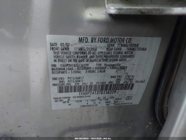 Aukcja sprzedaży 2007 Ford Five Hundred Sel, vin: 1FAHP24137G156229, numer aukcji: 46225930