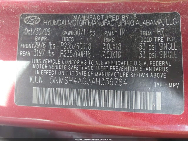 Продажа на аукционе авто 2010 Hyundai Santa Fe Se, vin: 5NMSH4AG3AH336764, номер лота: 46225940
