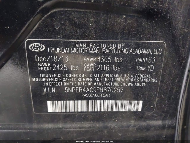 Aukcja sprzedaży 2014 Hyundai Sonata Gls, vin: 5NPEB4AC9EH870257, numer aukcji: 46225943