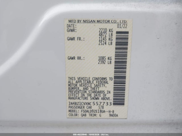 46225946 :رقم المزاد ، 1N4BZ1CVXNC557733 vin ، 2022 Nissan Leaf Sv Plus 62 Kwh مزاد بيع