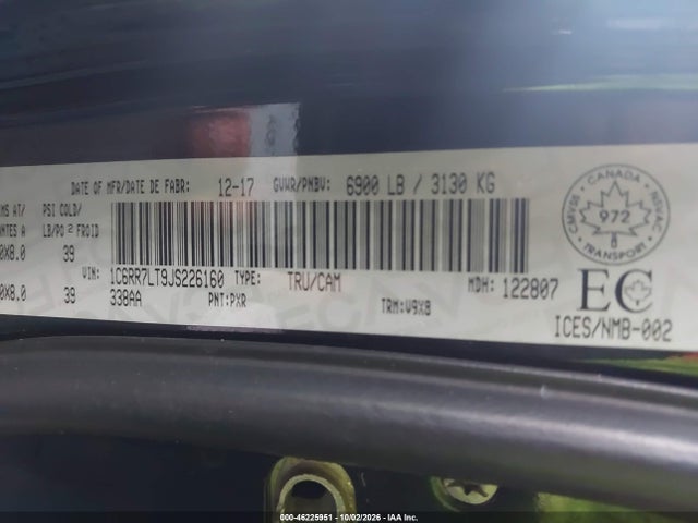 46225951 :رقم المزاد ، 1C6RR7LT9JS226160 vin ، 2018 Ram 1500 Slt مزاد بيع