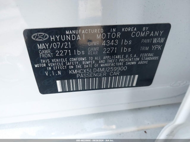 46225955 :رقم المزاد ، KMHCX5LD4MU259900 vin ، 2021 Hyundai Ioniq Plug-in Hybrid Limited مزاد بيع