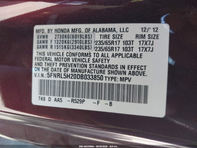 Aukcja sprzedaży 2013 Honda Odyssey Lx, vin: 5FNRL5H20DB033850, numer aukcji: 46225960