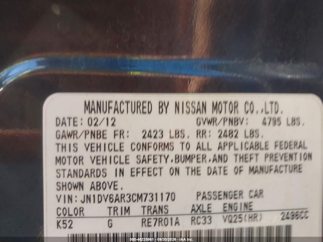 Продажа на аукционе авто 2012 Infiniti G25x, vin: JN1DV6AR3CM731170, номер лота: 46225961