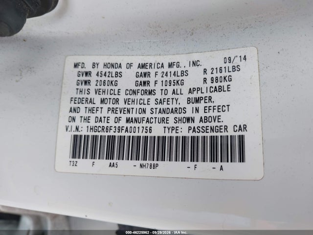 Продаж на аукціоні авто 2015 Honda Accord Hybrid, vin: 1HGCR6F39FA001756, номер лоту: 46225962