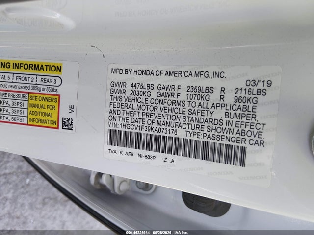 1HGCV1F39KA073176 Honda Accord Sport