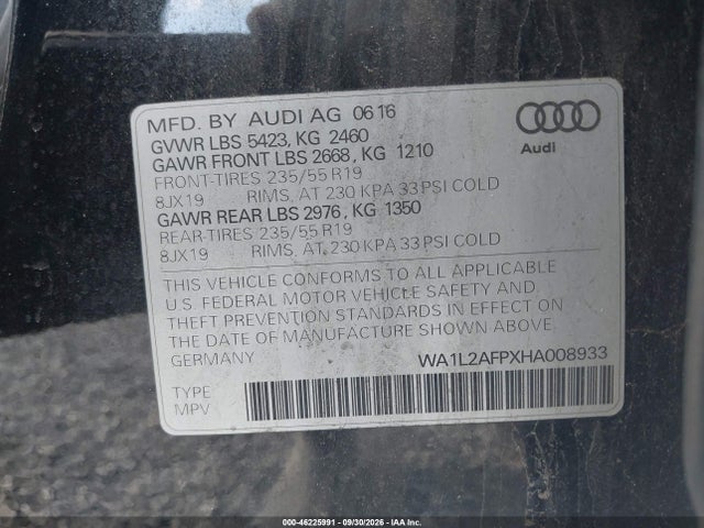 46225991 :رقم المزاد ، WA1L2AFPXHA008933 vin ، 2017 Audi Q5 2.0t Premium مزاد بيع