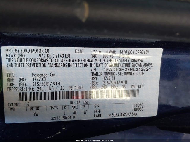 Продаж на аукціоні авто 2017 Ford Focus Sel, vin: 1FADP3H27HL213824, номер лоту: 46226012