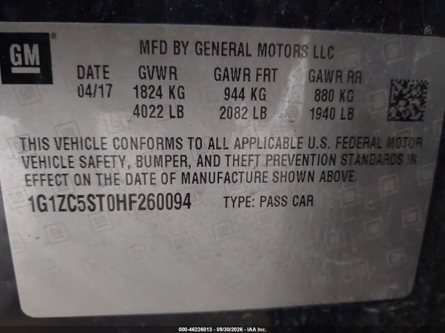 46226013 :رقم المزاد ، 1G1ZC5ST0HF260094 vin ، 2017 Chevrolet Malibu 1fl مزاد بيع