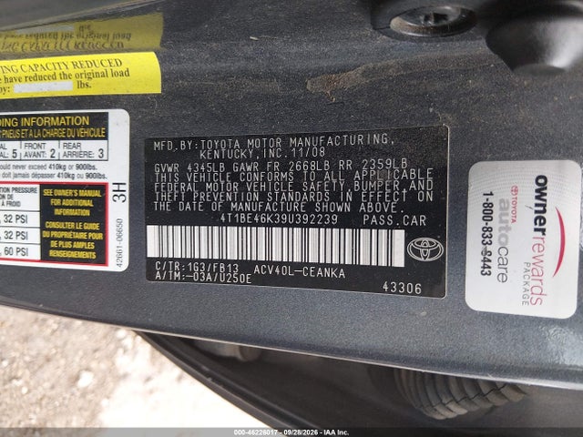 2009 Toyota Camry Le მანქანა იყიდება აუქციონზე, vin: 4T1BE46K39U392239, აუქციონის ნომერი: 46226017