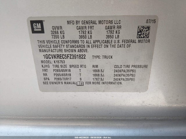 46226020 :رقم المزاد ، 1GCVKREC5FZ391822 vin ، 2015 Chevrolet Silverado 1500 2lt مزاد بيع