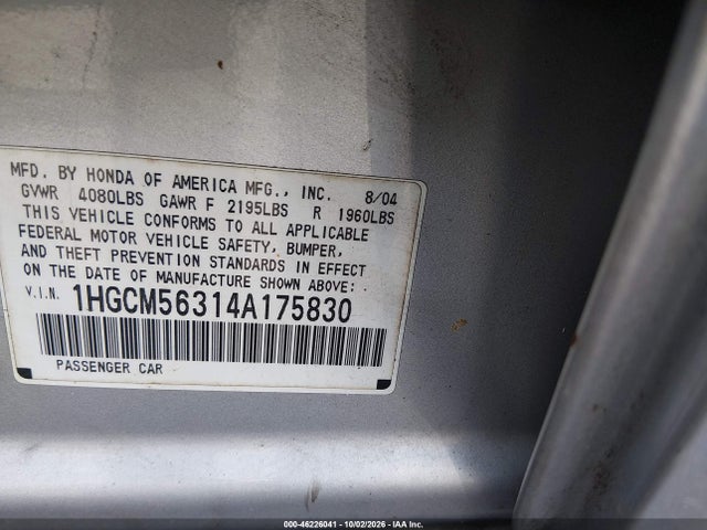 Aukcja sprzedaży 2004 Honda Accord 2.4 Lx, vin: 1HGCM56314A175830, numer aukcji: 46226041