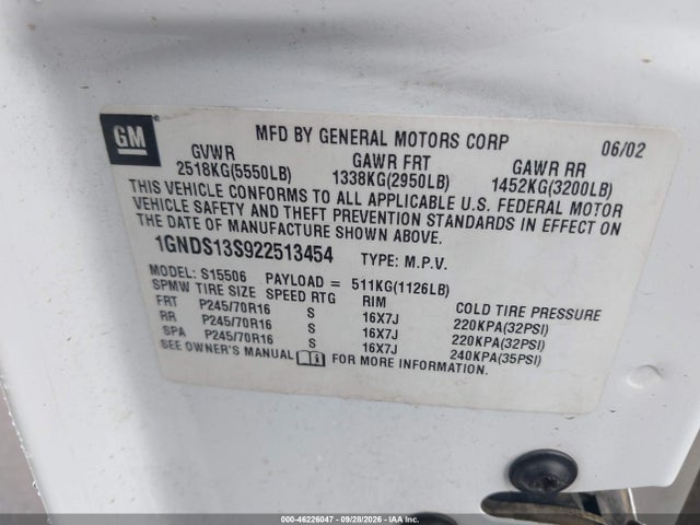 Aukcja sprzedaży 2002 Chevrolet Trailblazer Ls, vin: 1GNDS13S922513454, numer aukcji: 46226047