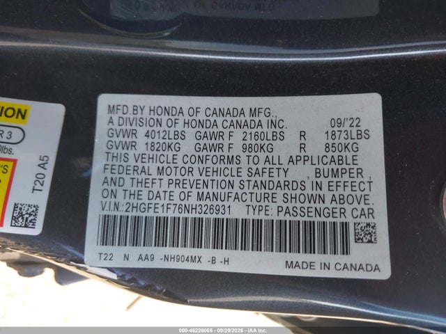 2HGFE1F76NH326931 Honda CIVIC EX