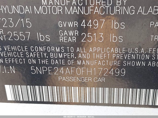 Hyundai SONATA SE 2015 5NPE24AF0FH172499 Image 9