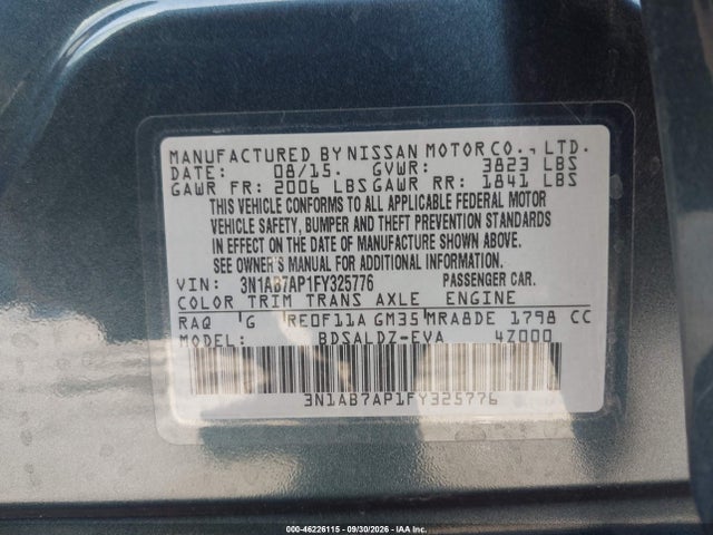 Продажа на аукционе авто 2015 Nissan Sentra Sv, vin: 3N1AB7AP1FY325776, номер лота: 46226115