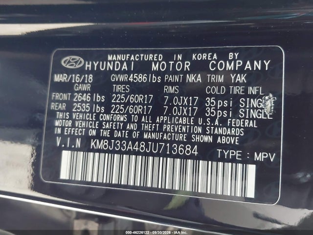Aukcja sprzedaży 2018 Hyundai Tucson Sel Plus, vin: KM8J33A48JU713684, numer aukcji: 46226122