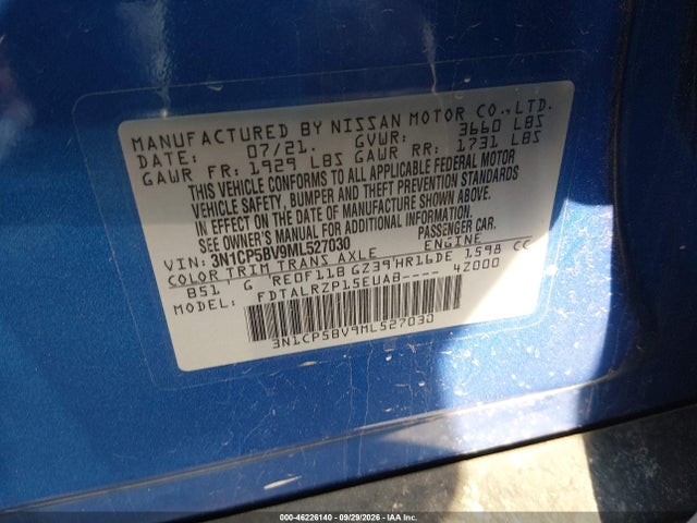 46226140 :رقم المزاد ، 3N1CP5BV9ML527030 vin ، 2021 Nissan Kicks S Xtronic Cvt مزاد بيع
