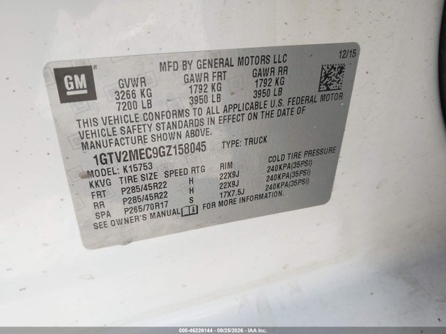2016 Gmc Sierra 1500 Sle მანქანა იყიდება აუქციონზე, vin: 1GTV2MEC9GZ158045, აუქციონის ნომერი: 46226144