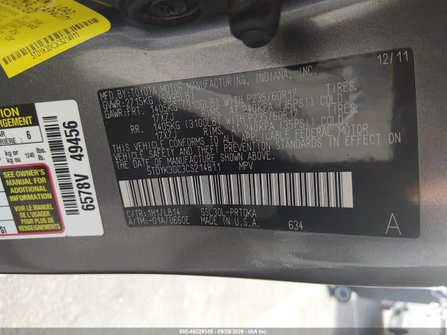 46226148 :رقم المزاد ، 5TDYK3DC3CS214811 vin ، 2012 Toyota Sienna Xle V6 8 Passenger مزاد بيع