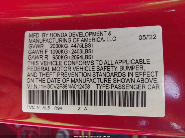 Aukcja sprzedaży 2022 Honda Accord Sport 2.0t, vin: 1HGCV2F38NA012458, numer aukcji: 46226160